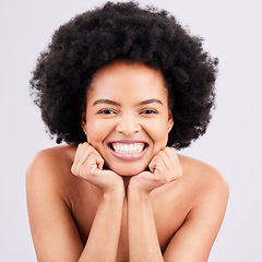 Image showing Skincare, hands and portrait of black woman in studio with natural, hair and cosmetics on grey background. Soft, portrait and girl model relax with haircare, body care or dermatology satisfaction