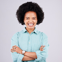 Image showing Happy, arms crossed and portrait of black woman in studio for confidence, positive and empowerment. Happiness, funny and elegant with female isolated on white background for young, excited and pride