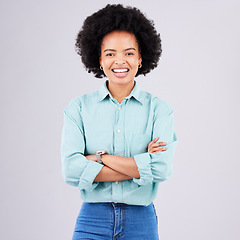 Image showing Smile, arms crossed and portrait of black woman in studio for confidence, positive and empowerment. Happiness, funny and elegant with female isolated on white background for young, excited and pride