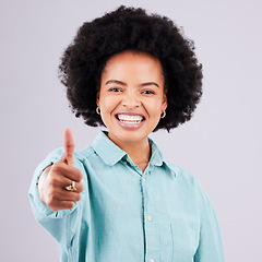 Image showing Thumbs up, face portrait and happy black woman with emoji gesture for congratulations, job well done or winner. Agreement, finished and studio with yes hand sign for success on white background