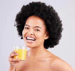 Image showing Orange juice, studio portrait and happy black woman with drink glass for hydration, liquid detox or weight loss beverage. Vitamin C benefits, female or person isolated on white background