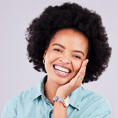 Image showing Studio, face portrait and afro black woman with beauty makeup, luxury cosmetics or facial skincare glow. Natural dermatology health, spa salon and happy aesthetic person isolated on grey background