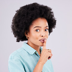 Image showing Portrait, secret and black woman with finger on lip, silence and girl against a studio white background. Face, African American female and lady with gesture on mouth for quiet, whisper and gossip