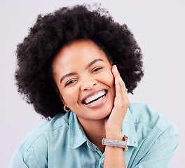 Image showing Skincare, face portrait and afro black woman with studio makeup, luxury cosmetics or facial beauty glow. Natural dermatology health, spa salon and happy aesthetic person isolated on grey background