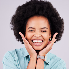 Image showing Beauty, face portrait and afro black woman with studio makeup, luxury cosmetics or facial skincare glow. Natural dermatology health, spa salon and happy aesthetic person isolated on white background