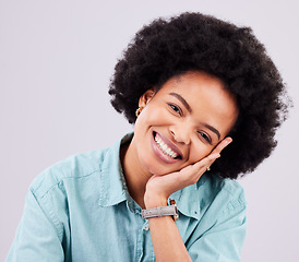 Image showing Beauty face, happy portrait and afro black woman with studio makeup, luxury cosmetics or facial skincare glow. Natural dermatology health, spa salon and aesthetic person isolated on grey background