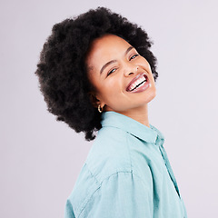 Image showing Portrait, excited and African woman with fashion or style isolated against a studio pink background. Face, casual and female person happy, confident and beauty or happiness smile