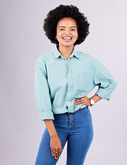 Image showing Happy, smile and portrait of black woman in studio for confidence, positive and empowerment. Happiness, funny and elegant with face of female isolated on gray background for young, excited and pride