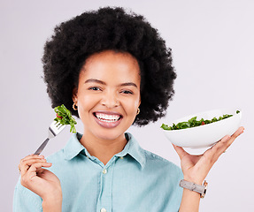 Image showing Health, salad and smile portrait of a black woman in studio eating vegetables for nutrition or vegan diet. Happy African female with fork for healthy food, detox and wellness benefits for motivation