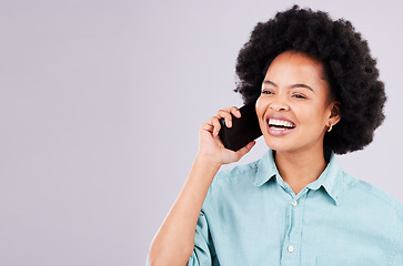 Image showing Happy phone call, studio and black woman communication on conversation, discussion or speaking to network contact. Networking, consulting or talking person isolated on mockup white background