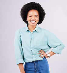 Image showing Confidence, laugh and portrait of black woman in studio for happy, positive and empowerment. Happiness, funny and elegant with face of female isolated on gray background for young, excited and pride