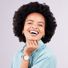 Image showing Happy, funny and portrait of black woman in studio for confidence, positive and empowerment. Happiness, laugh and elegant with face of female isolated on gray background for young, excited and pride