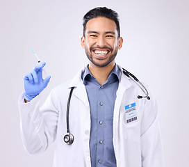 Image showing Healthcare portrait, happy man and doctor with syringe, vaccine needle or injection cure for covid, monkeypox or disease. Medical studio, hospital and science innovation medicine on grey background