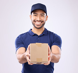 Image showing Delivery, box and portrait of asian man in studio for shipping, courier and supplier. Logistics, product and cargo with male on gray background for ecommerce, postage and package distribution