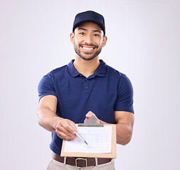 Image showing Delivery, signature and portrait of asian man in studio for shipping, courier or supplier. Logistics, writing and clipboard with male on gray background for ecommerce, postage or package distribution