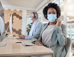 Image showing Portrait, call center and woman with covid compliance, face mask and job safety in office workspace. African telecom agent, consultant or person with health advice, insurance and virtual tech support