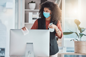 Image showing Woman, covid and spray for cleaning computer with face mask, workplace safety and liquid for healthcare. Professional cleaner, desktop pc and clean to stop virus in office with bacteria risk at job