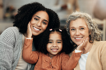 Image showing Kids, women and grandparents with the portrait of a black family bonding together in their home. Children, love or relatives with a parent, senior grandmother and girl relaxing in the living room