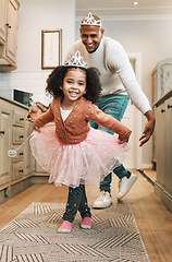 Image showing Child tutu, parent ballet dance and portrait of girl and father together bonding with dancing in the kitchen. Home, kid and dad with love and care in a house playing a dancer game for children fun