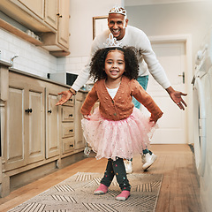 Image showing Child, parent ballet dance and portrait of a girl and father together bonding with dancing in the kitchen. Home, kid and dad with love and care in a house playing a dancer game for children fun