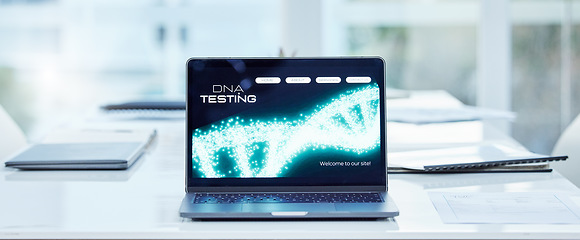 Image showing Dna testing, laptop and presentation slideshow with no people in a office conference room. Medical strategy, digital science and doctor seminar in a hospital and clinic for a meeting and workshop