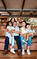 Image showing Parents, kids and grandparents on sofa for portrait with love, care and vacation together in lounge. Old man, women and grandchildren in living room with happiness, hug and relax on couch for holiday