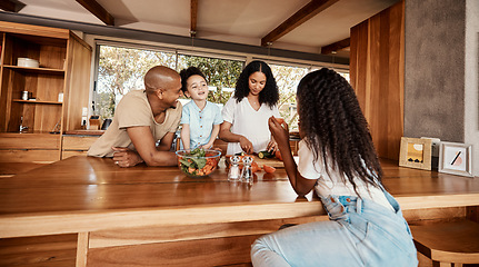 Image showing Family, breakfast table and cooking with fruit, bonding and children for health, care or love together. Woman, kids or man for healthy, natural and organic nutrition for diet, food or meal in home