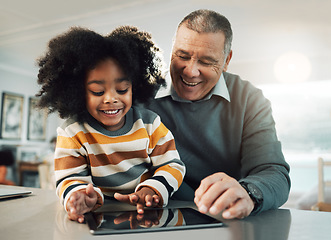 Image showing Tablet, online education and child with grandfather bonding, fun internet games and e learning development. Biracial, elderly man with kid on digital technology app for family support and teaching