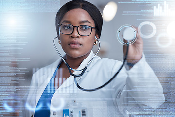 Image showing Overlay, stethoscope and futuristic black woman doctor using technology for medicine in the metaverse with 3d hologram. Data, medical and innovation in a hospital with future digital database