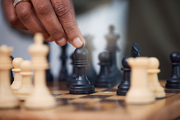 Image showing Man, chess and hands with bishop on board, strategy challenge and tournament games. Checkmate, chessboard and smart player playing in contest, problem solving and moving pieces to win competition