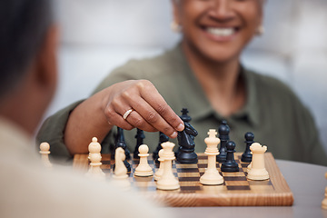 Image showing Strategy, moving and chess with hands of old couple for bonding, competition and mental exercise. Relax, problem solving and smart with man and woman at home for board games, checkmate or contest