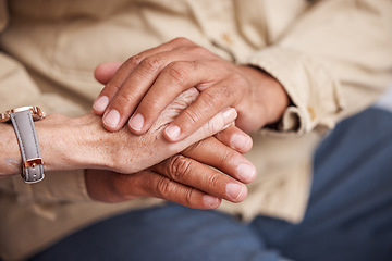 Image showing Senior couple holding hands for support, love and comfort together in retirement, cancer empathy or faith prayer. Closeup man, old woman and helping hand with trust, care and psychology counselling