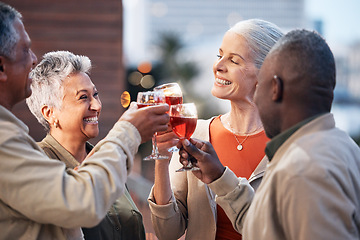 Image showing Friends, senior people with wine and retirement party, cheers and glasses with happiness, celebration and fun outdoor. Mature, men and women with diversity, alcohol drink and celebrate with team