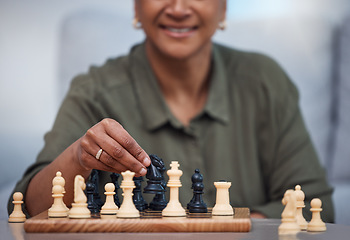 Image showing Strategy, moving and thinking with old woman and chess for challenge, competition and mental exercise. Relax, problem solving and smart with senior lady at home for board games, checkmate or contest