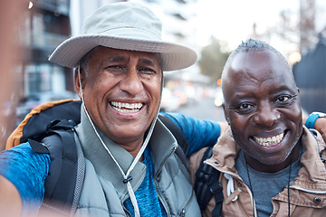Image showing Elderly travel smile, portrait men and senior selfie of friends in city with happiness and freedom on vacation. Happy face, urban picture and black people traveling together and laughing in New York