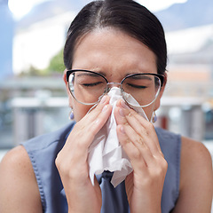 Image showing Entrepreneur, flu and woman with tissue, allergy and manager with glasses, sickness and safety. Female employee, business owner and administrator with toilet paper, blowing nose or fever in workplace