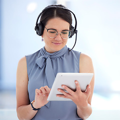 Image showing Tablet, customer service and support with a business woman doing a search on the internet to help a client. Research, contact and data with a female employee consulting using a headset in her office