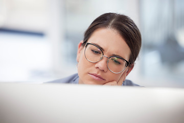 Image showing Sad, thinking and business woman with laptop, planning and online in office with fatigue, tired and worry. Contemplating, corporate and female employee research ideas for career, goal and agency