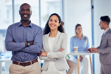 Image showing Business team, portrait and office staff with a smile from company management and leadership. Diversity, happy and proud work of a black man and hispanic woman together with corporate success