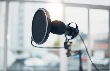 Image showing Microphone, audio and technology, podcast or radio with sound equipment closeup and broadcast media. Public relations, live streaming and production in studio with content creation and social network