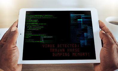 Image showing Man, tablet and cyber security virus on screen of internet fraud, 404 phishing scam or data privacy online. Digital coding, trojan horse ransomware and hacking technology of error, crime or html code