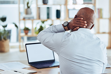 Image showing Neck pain, laptop and back of business man in office with joint injury, health risk and bruise. Head of worker, muscle problem and body fatigue from bad posture, stress and burnout with mockup screen