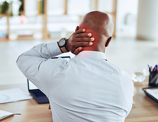 Image showing Neck pain, red and back of business man in office with joint injury, health risk and bruise. Head of worker, muscle problem and body fatigue from bad posture at desk, stress and anatomy inflammation