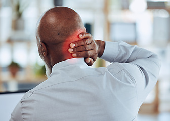 Image showing Back, red neck pain and business man in office with joint injury, health risk and bruise. Head of worker, muscle problem and body fatigue from bad posture at desk, stress and anatomy inflammation