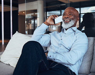 Image showing Phone mockup, call and black man laughing for business discussion, mobile cellphone or connection. Happy male worker, communication and smartphone for contact, consulting and network in office lounge