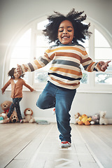 Image showing Hopscotch, happy and children play in home having fun, enjoying games and relax together in room. Childhood, kindergarten and excited girl in bedroom for jumping game, playing and activity on floor