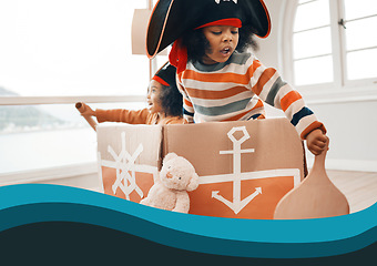 Image showing Pirate, box and playing with children and games for bonding, imagine and creative. Happy, youth and siblings with girls sailing in cardboard ship in family home for relax, fantasy and fun together