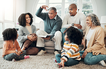 Image showing Family relax, surprise with fantasy and reading book, grandparents with parents and kids at home for storytelling. Wow, shock and imagine, generations and happy people bond with love and care