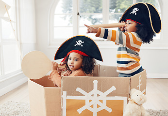 Image showing Pirate, box and telescope with children in living room for playful, creative and imagine. Fantasy, relax and party with kids sailing in cardboard boat at home for free time, weekend and entertainment