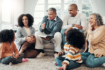 Image showing Family relax, wow with fantasy and reading book, grandparents with parents and kids at home for storytelling. Surprise, shock and imagine, generations and happy people with novel, bonding and love